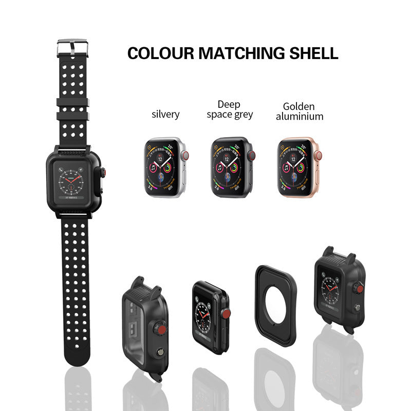 Compatible with Apple, Suitable For  Watch 456 Waterproof Case  Breathable Sports Silicone Strap Iwatch Se Waterproof Case